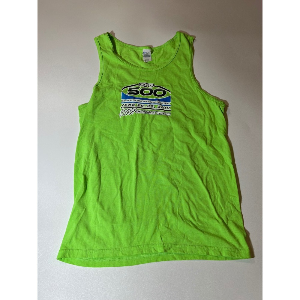 Gildan Tank Top Mens Medium Neon Green Excellent SFG 500 Drag Race 2019 Graphic